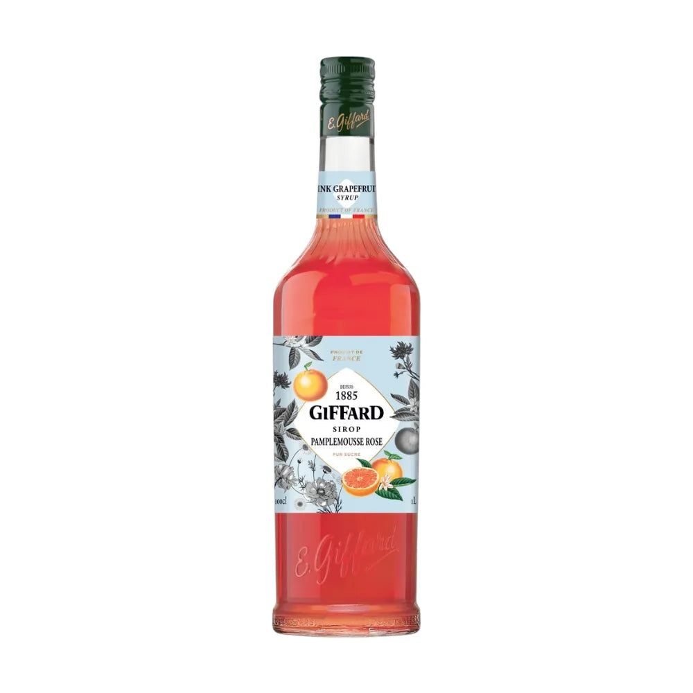 Giffard Mixology Pink Grapefruit 1L bottle of flavored syrup for cocktails and drinks, with pink grapefruit flavor in a clear plastic bottle.