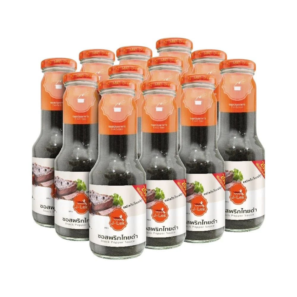 J-lek Jae Lek Black Pepper Sauce in 350g glass bottle, dry grocery product with dark sauce visible inside the transparent bottle.