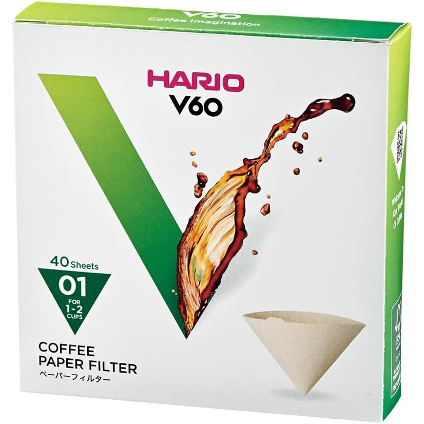 Hario V60 Paper Filter 01 M for pour-over coffee brewing, white, stack of filters on a clean surface.