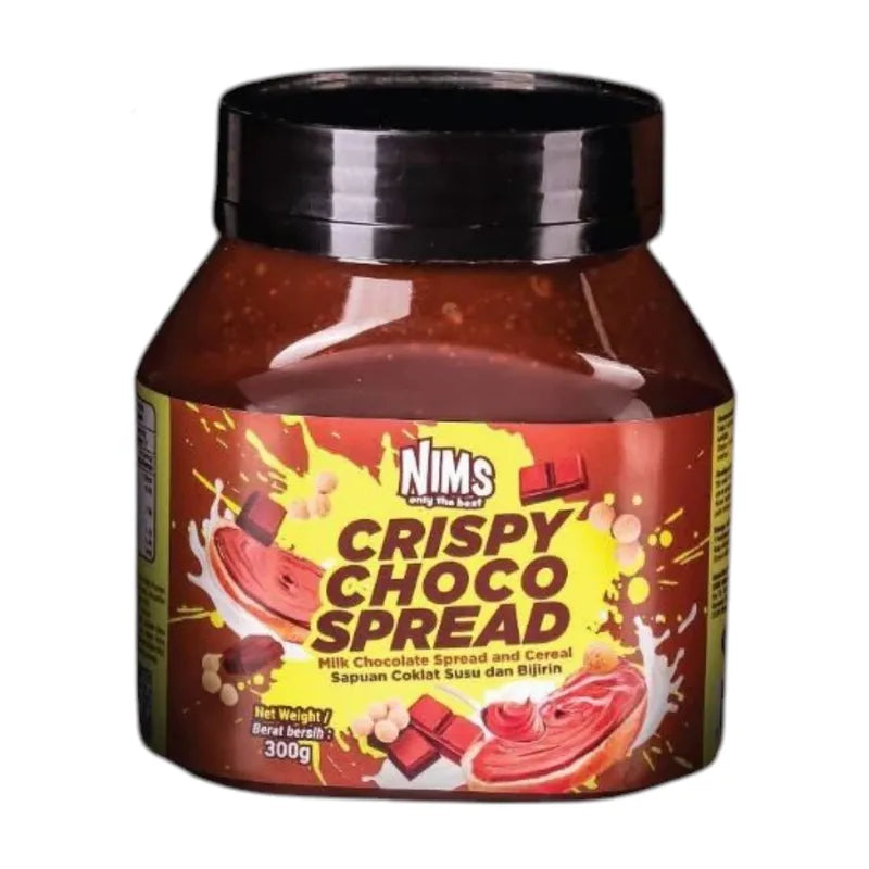 Nims Chocolate Spread jar from dry grocery section, creamy chocolate spread with smooth texture and Nims branding.
