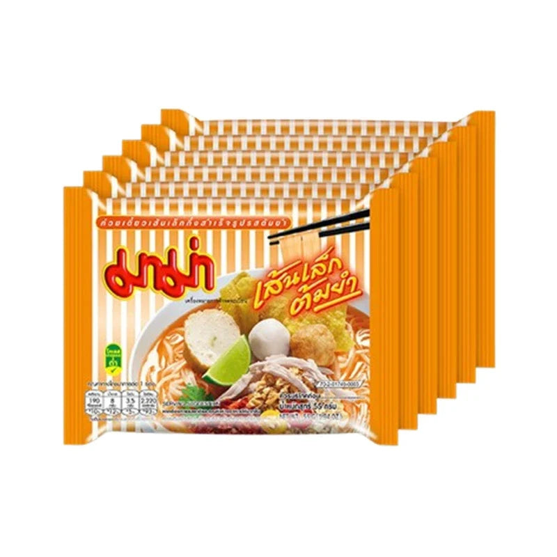 Mama Thin Noodles Tom Yum packets, dry grocery product, featuring spicy and flavorful Thai-style noodle soup ingredients.