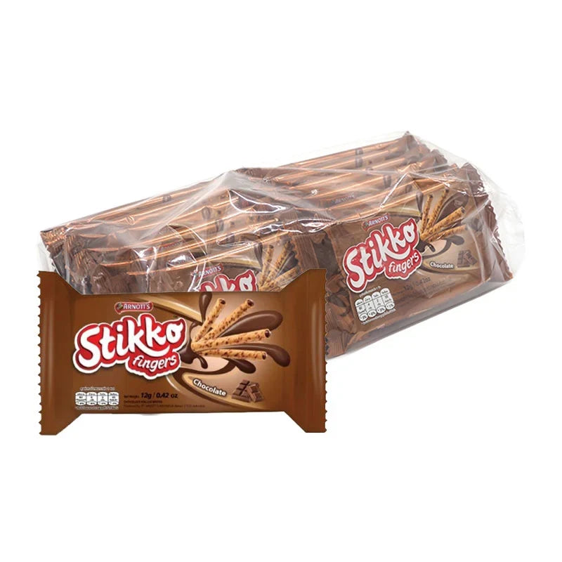 Arnotts Stikko Wafer with creamy chocolate filling, 12g snack, shown in retail packaging, part of dry grocery snacks and confectionery.