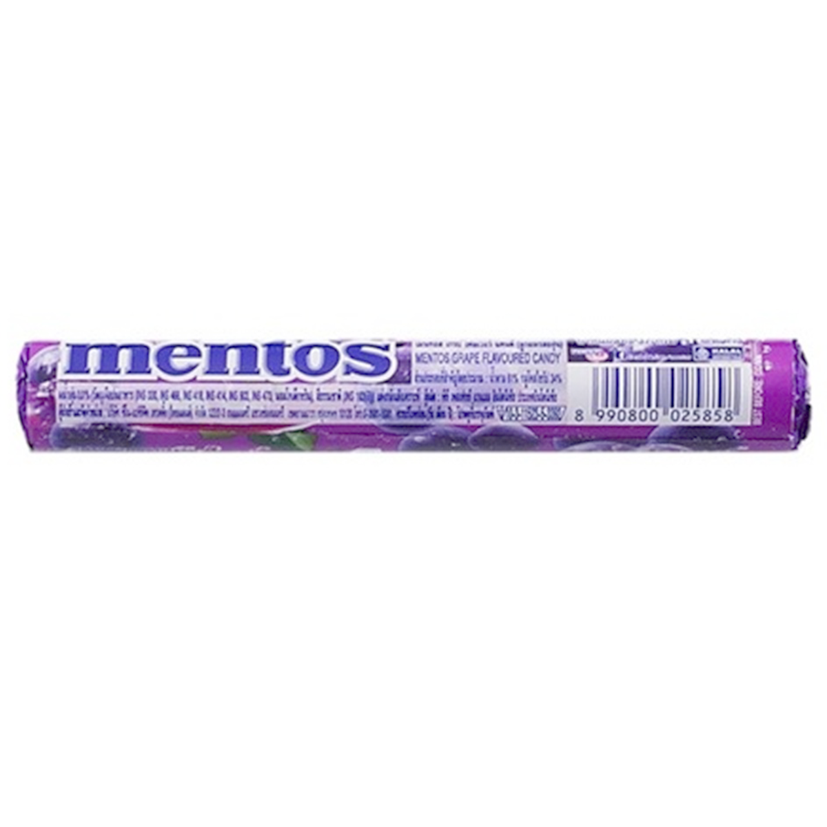 Mentos Grape Flavour confectionery snacks in a colorful pack, showcasing vibrant grape-flavored candies.