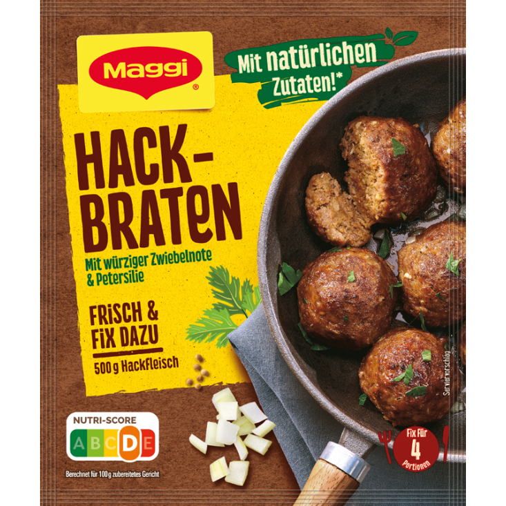 Close-up of Maggi Hackbraten, a packaged beef meatloaf from the Maggi grocery brand, ready for cooking or serving.