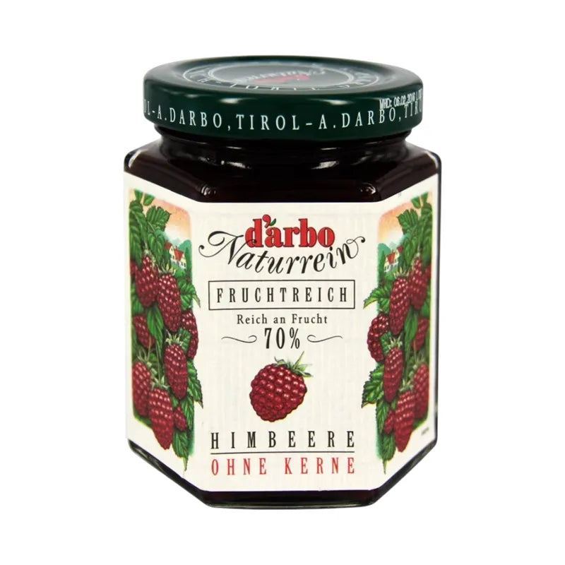 Darbo Raspberry Double Fruit in 200g jar, a dry grocery item with rich raspberry fruit content and vibrant red color.