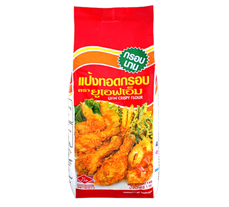 UFM Crispy Flour 1kg package, dry grocery product, with a close-up of the flour bag showing branding and packaging details.