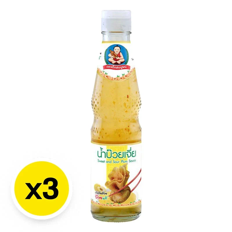 DEK SOM Boon Plum Sauce 350g, three bottles, in clear view, ideal for cooking and dipping in dry grocery category