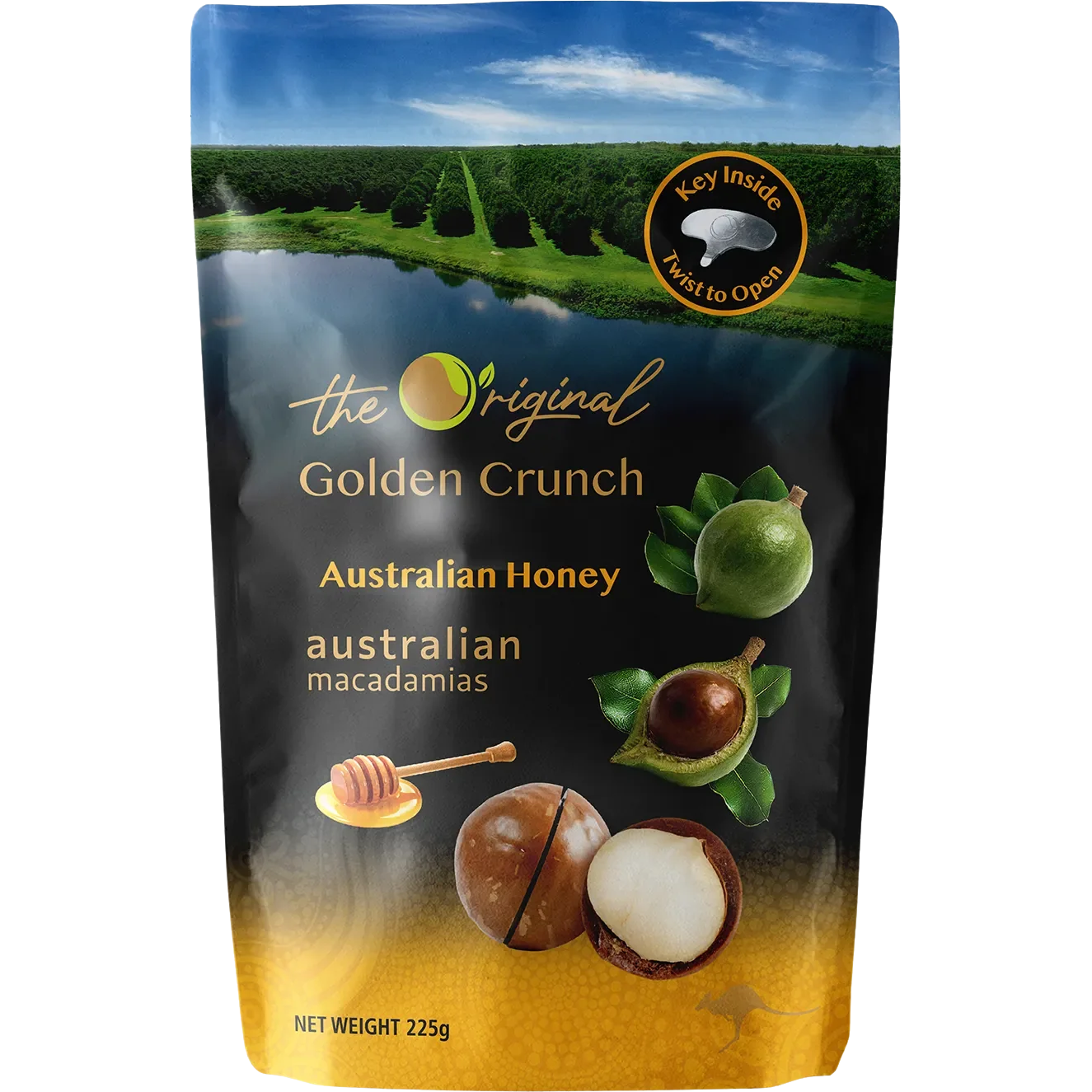 Golden Crunch Macadamias from The Original Australian Honey confectionery snacks, coated with honey and crunchy texture.