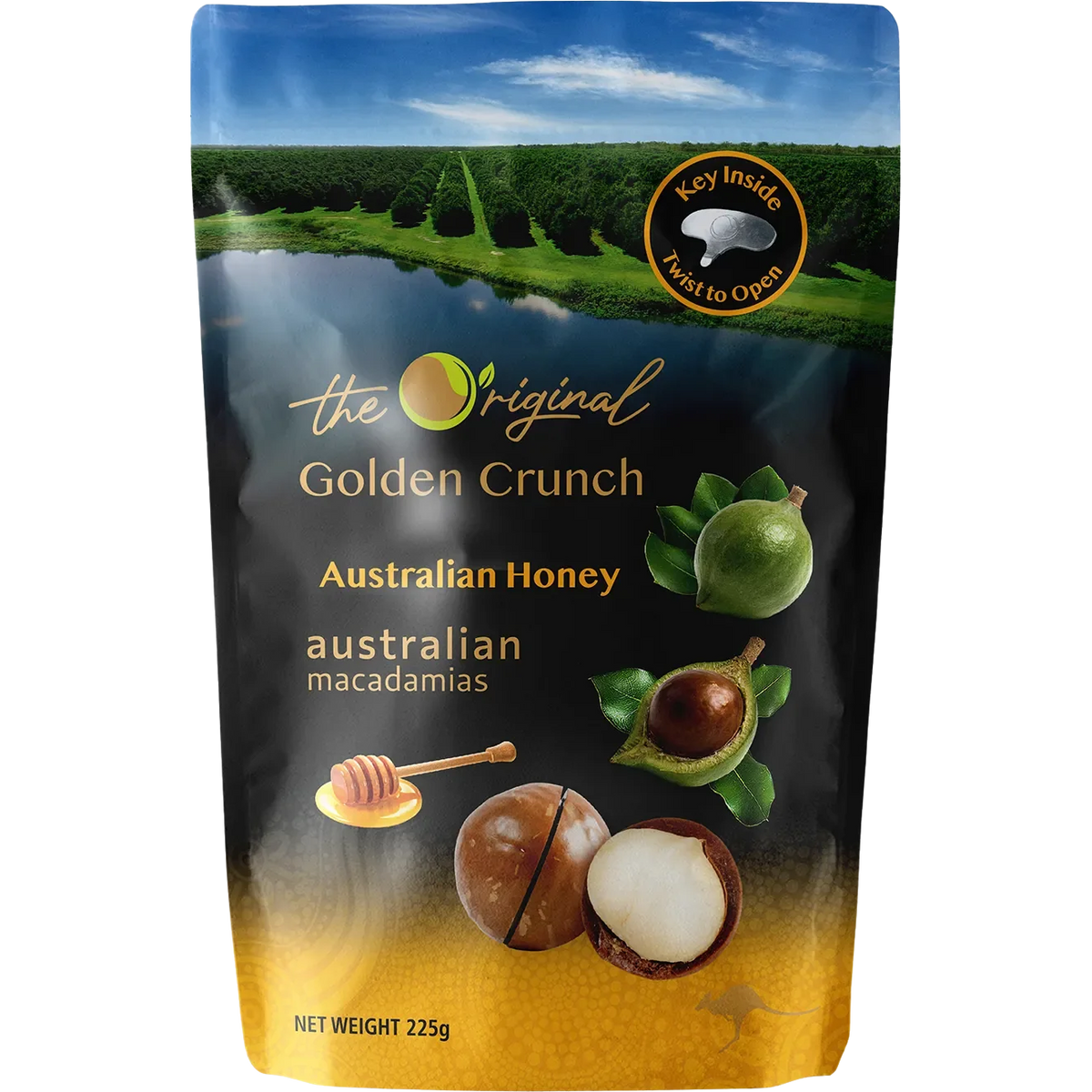 Golden Crunch Macadamias from The Original Australian Honey confectionery snacks, coated with honey and crunchy texture.