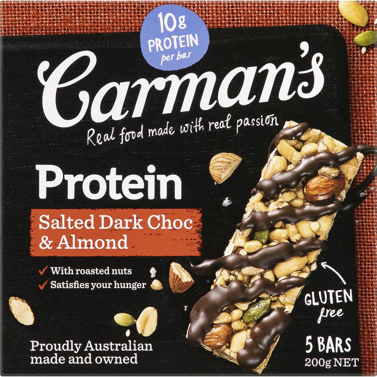 Carman's Salted Dark Chocolate & Almond Protein Bar showing the packaged bar with dark chocolate, almonds, and salt accents.
