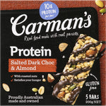Carman's Salted Dark Chocolate & Almond Protein Bar showing the packaged bar with dark chocolate, almonds, and salt accents.