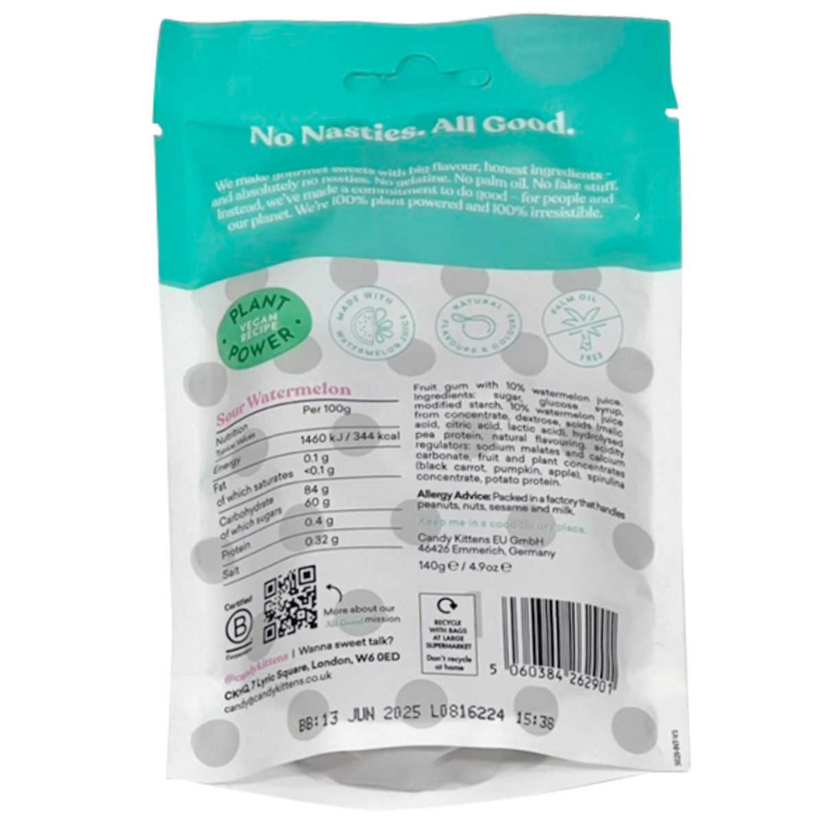 Candy Kittens Sour Watermelon gourmet sweets, colorful confectionery snacks with vibrant watermelon flavor and sour coating.
