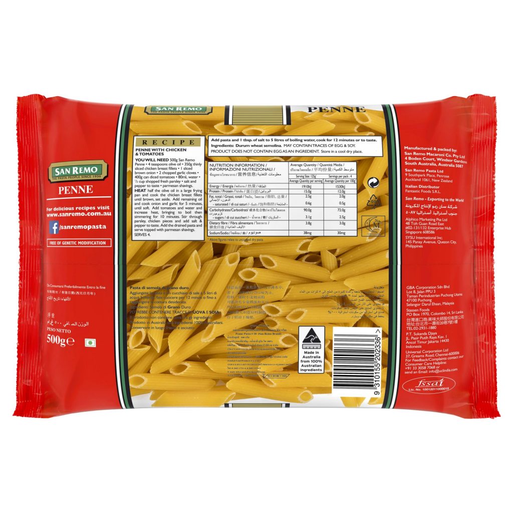 San Remo Penne Macaroni grocery pasta in a clear package, showing golden tubular pasta with ridges for sauce adherence.