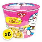 NISSIN Doraemon Corn Chicken snack pack, 40g x6, dry grocery product with colorful packaging featuring Doraemon characters.