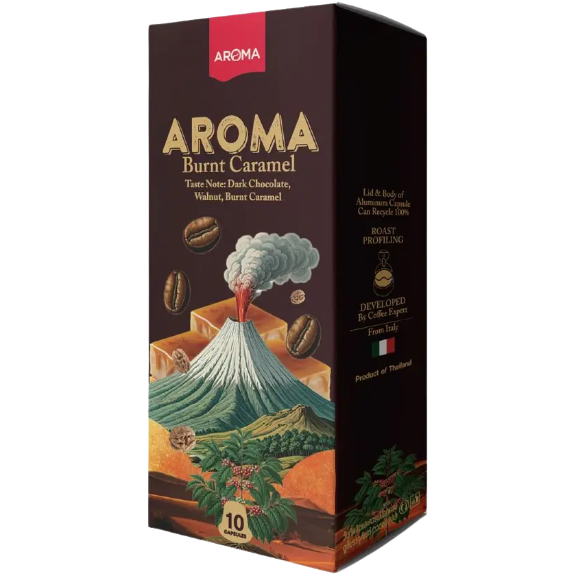 Aroma Urnt Caramel Capsule drink in a clear glass, showing its rich caramel color and smooth texture.