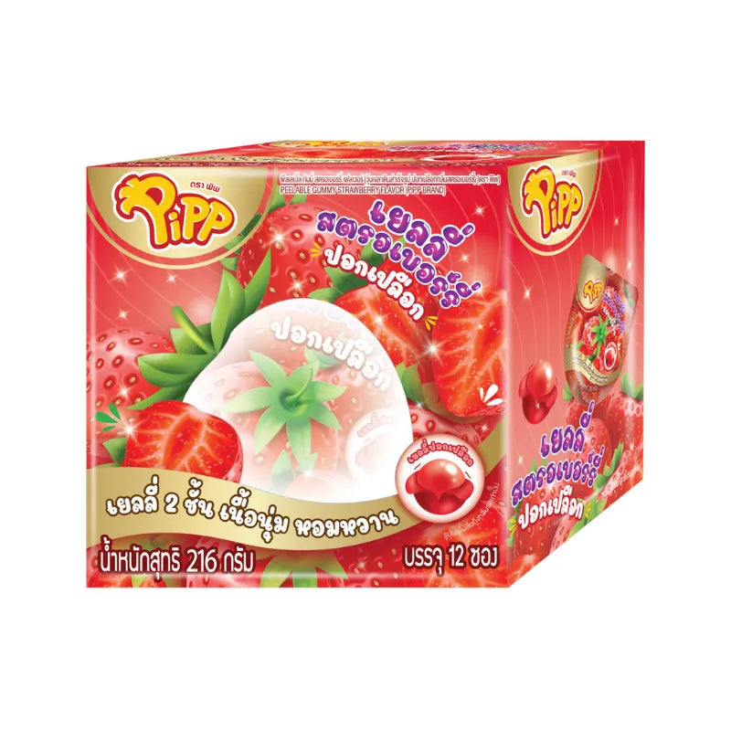 Pipp Peelable Gummy Strawberry flavor candy pack, 18g x 12 pieces, colorful gummy snacks from PIPP in a transparent package.