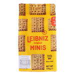 Bahlsen Leibniz Minis Butter Biscuits in a clear snack package, showing small, golden-brown butter biscuits perfect for snacking.
