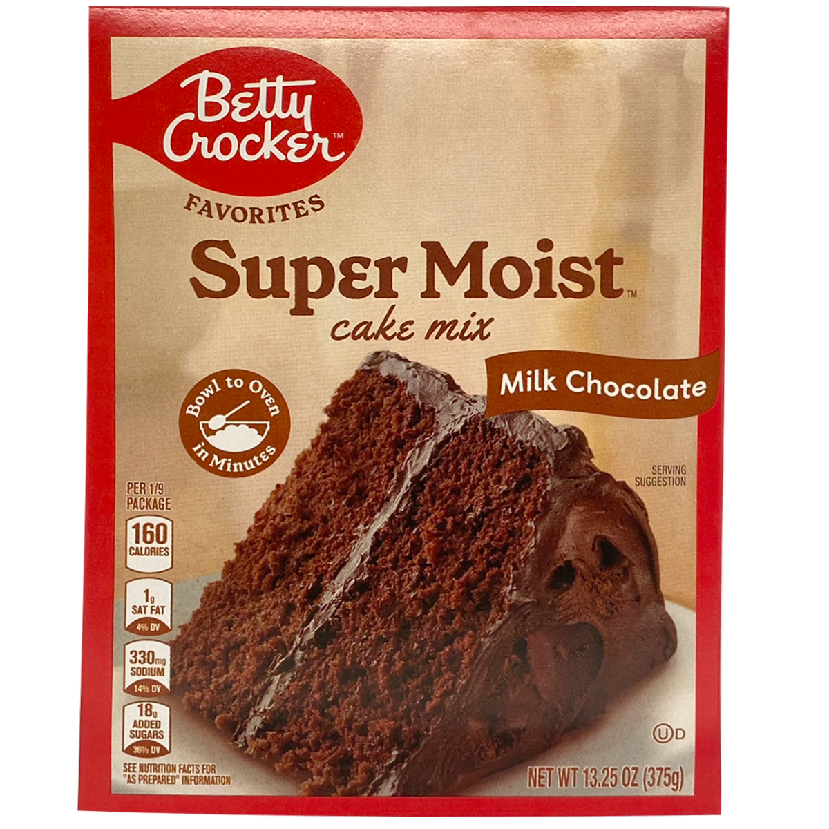 Betty Crocker Super Moist Chocolate Cake Mix with milk in a box, ideal for baking rich, moist chocolate cakes.
