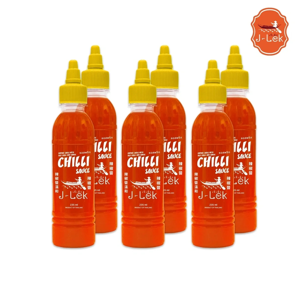 J-lek Jae Lek Chili Sauce bottle 235g, spicy dry grocery condiment with red chili flavor, plastic squeeze bottle.