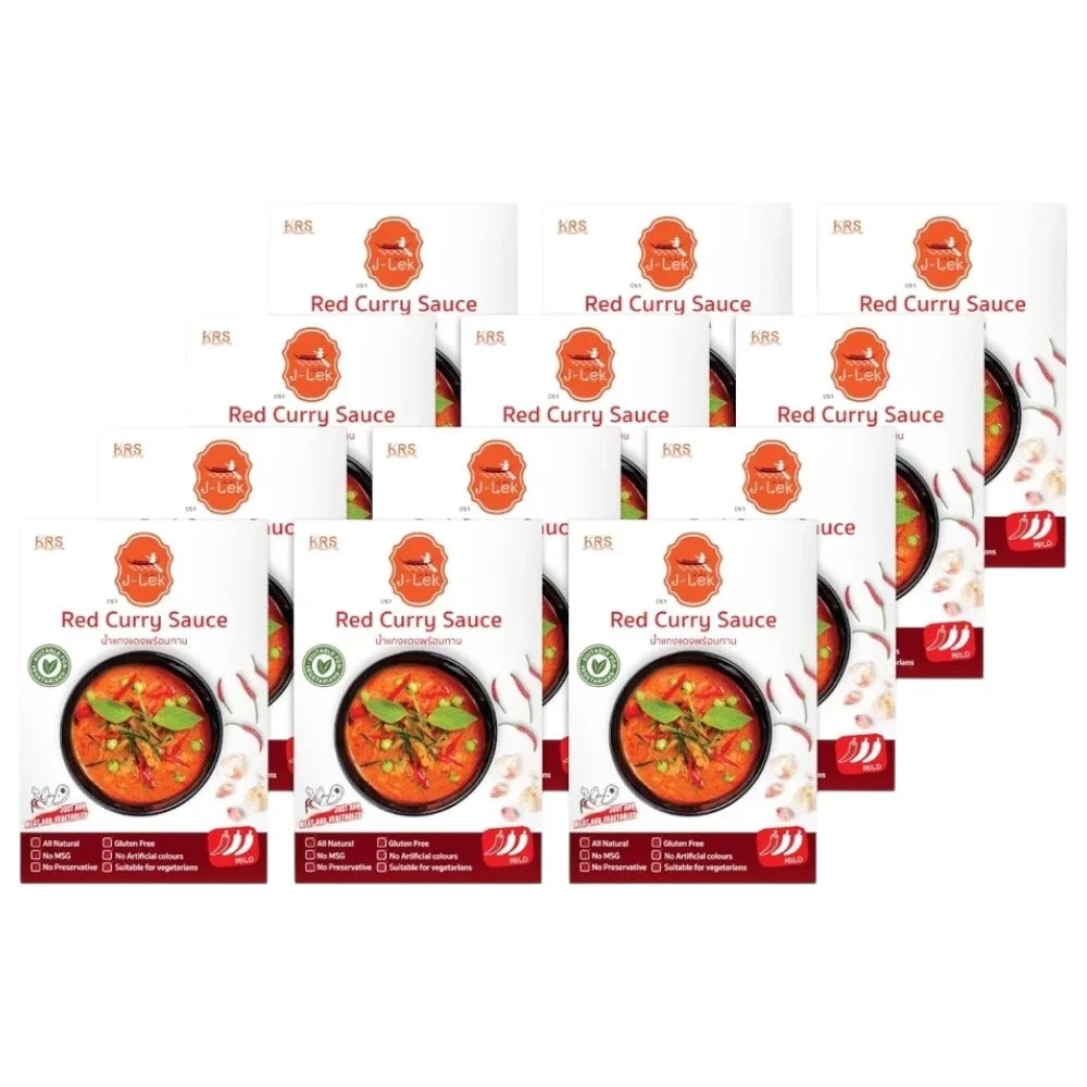 J-lek Jae Lek Red Curry Paste Packets 250g, dry grocery product with vibrant red curry paste in sealed packets.