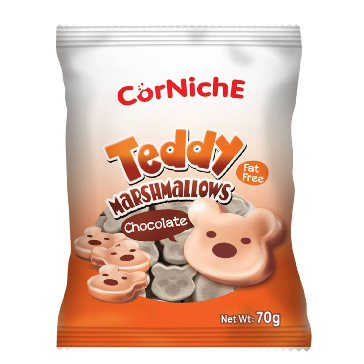 Corniche Chocolate Teddy Marshmallows, soft chocolate-coated confectionery snacks shaped like teddy bears.