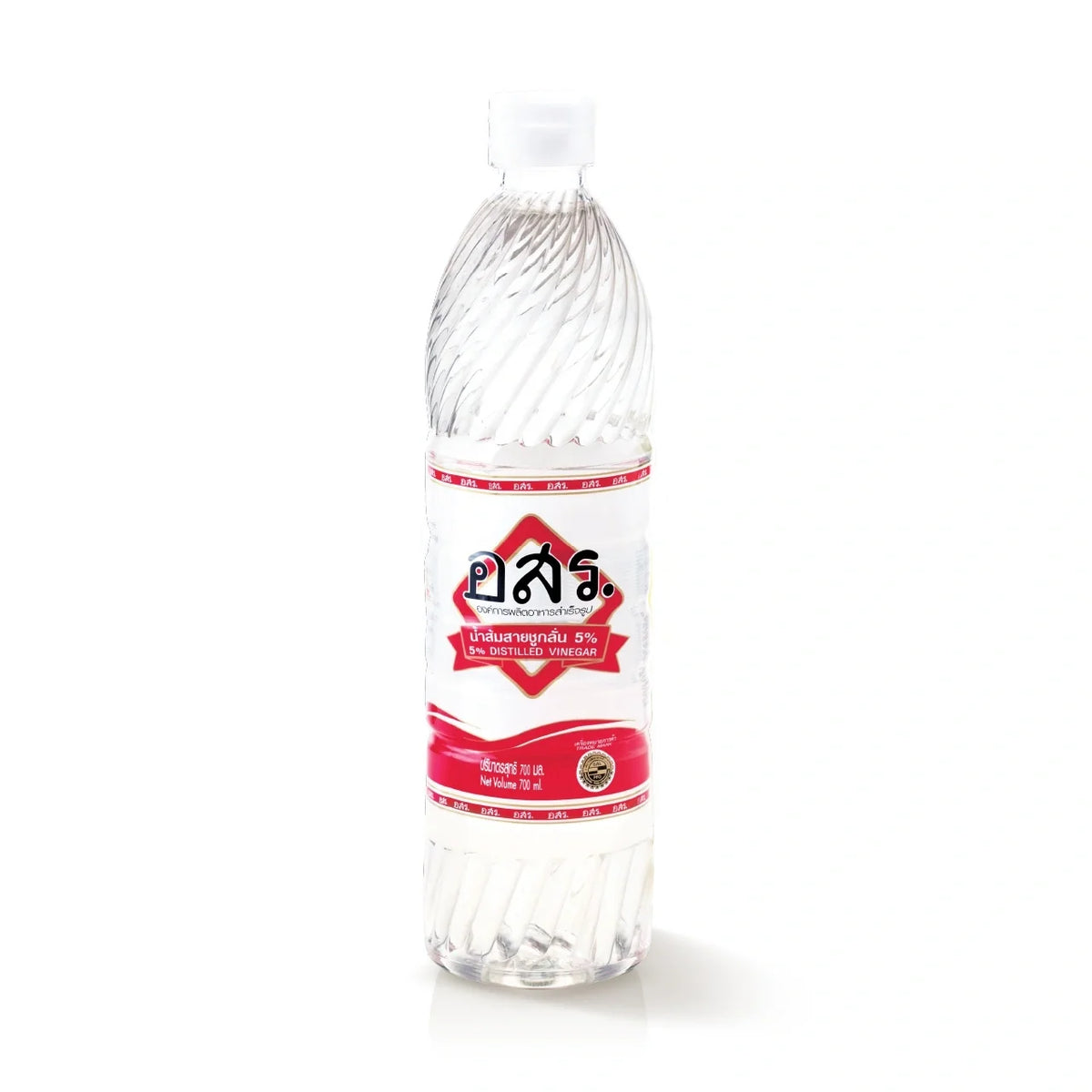Aor Sor Ror distilled vinegar 5% bottle, clear liquid in a plastic container, used for cooking and pickling in dry grocery stores.