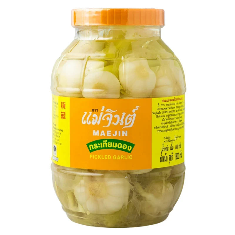 MAE JIN Garlic Pickle in a 1.8kg jar, showcasing the flavorful, chopped garlic pieces in spicy pickle oil from the dry grocery section.