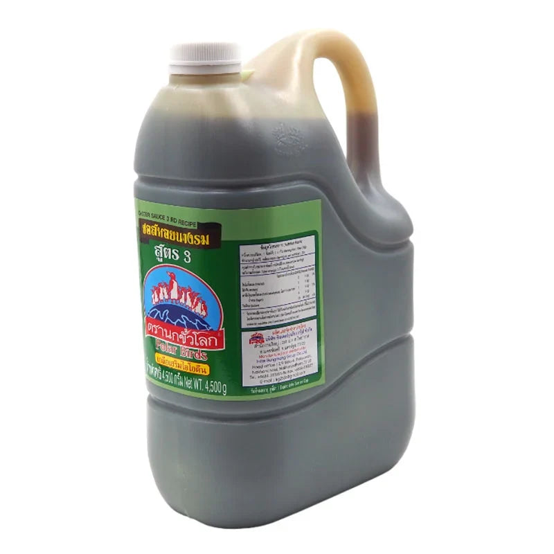 Polar Birds Oyster Sauce Formula 3 4.5kg bottle, dry grocery product with a dark label and a screw cap, shown in a close-up.