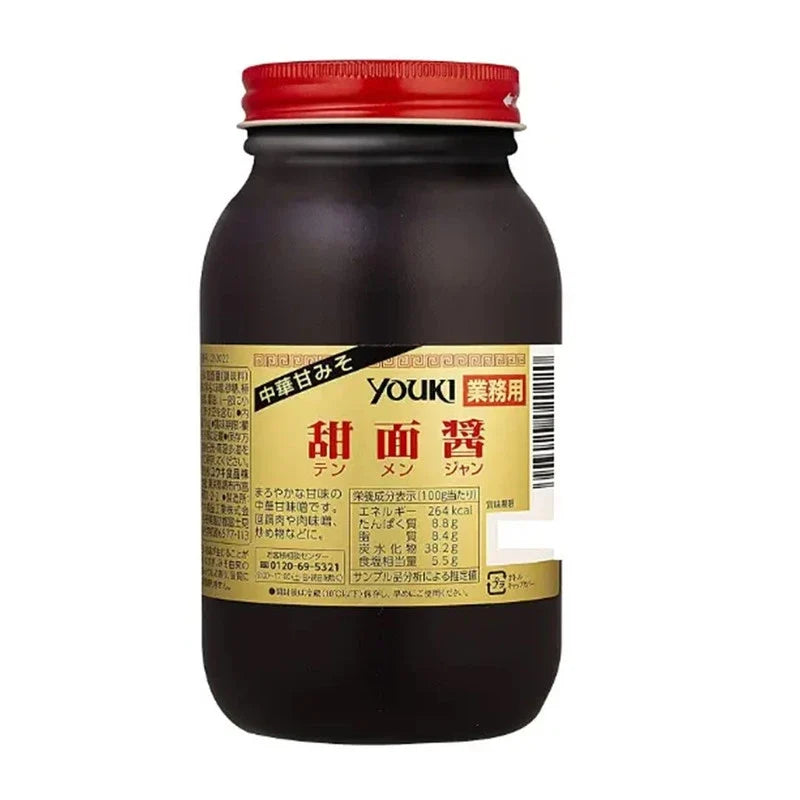 Youki Tenmenjan Tianmian Sauce Chinese sweet miso in two 1kg bottles, showcasing the glossy, dark brown sauce in clear bottles.