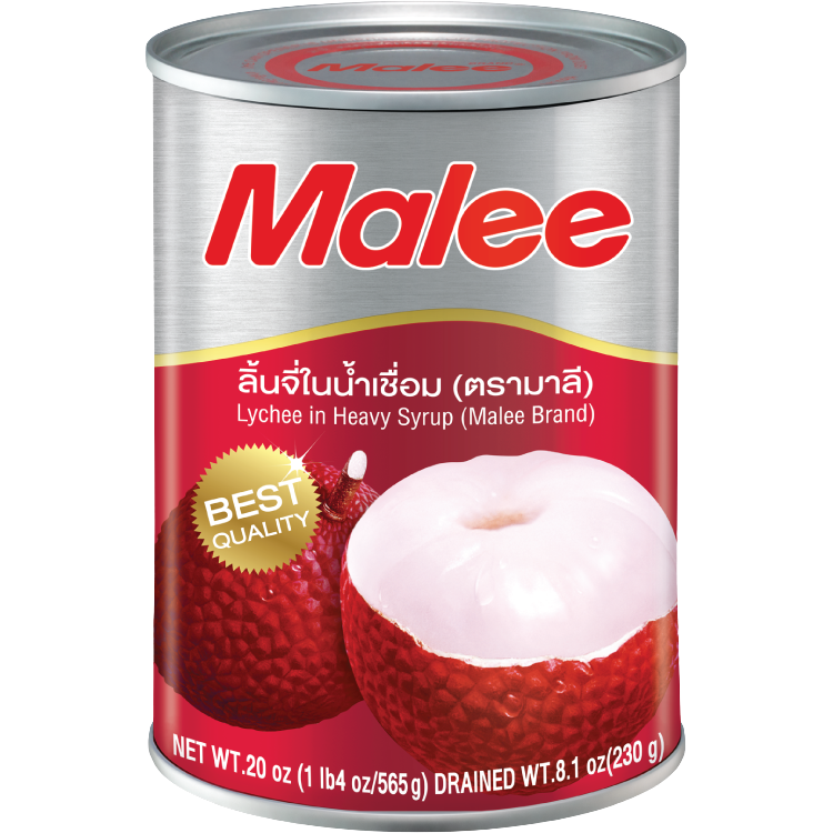 Canned Malee Lychee in heavy syrup, tropical fruit in a metal can, ready for use in desserts or snacks.