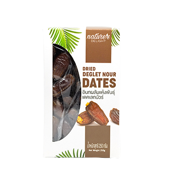 Dried dates from Nature's Delight in a clear bowl, showcasing their rich, wrinkled texture as a healthy confectionery snack.