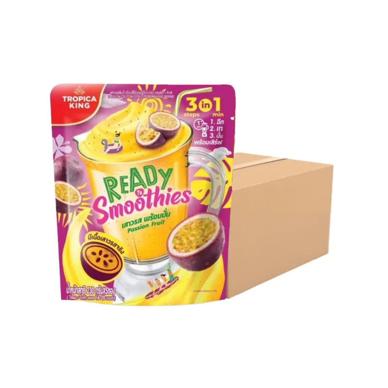 TROPICA KING Passion Fruit flavored ready-to-smoothie juice pack in dry grocery packaging, showcasing vibrant fruit and product label.