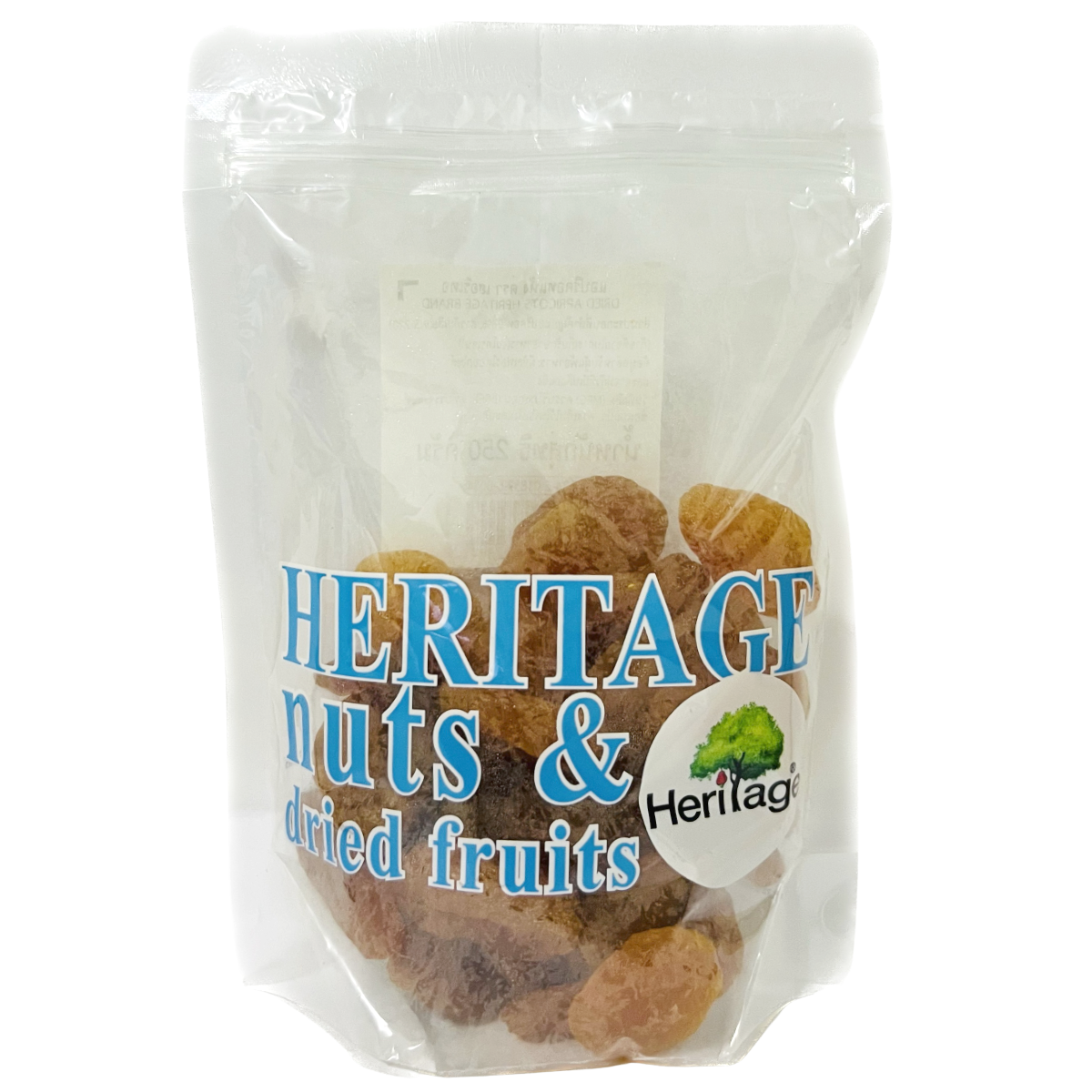 Heritage dried apricots in a clear bowl, showing vibrant orange, chewy confectionery snack on a white background.