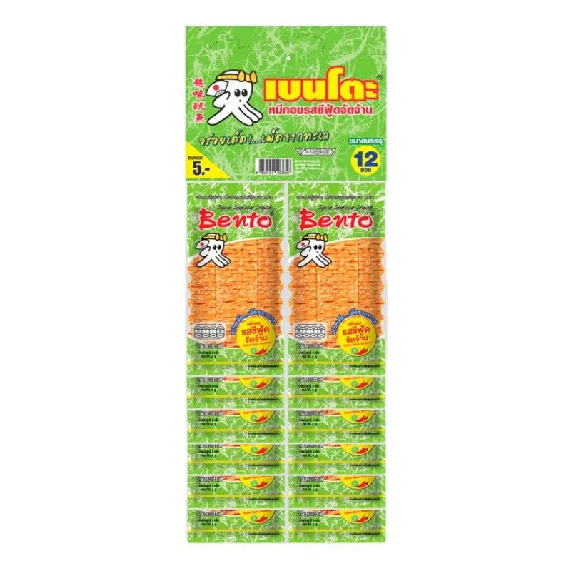 BENTO Bento Squid Seafood Snack Super Spicy 4g, dry grocery snack with dried squid, fiery spice, and crunchy texture.