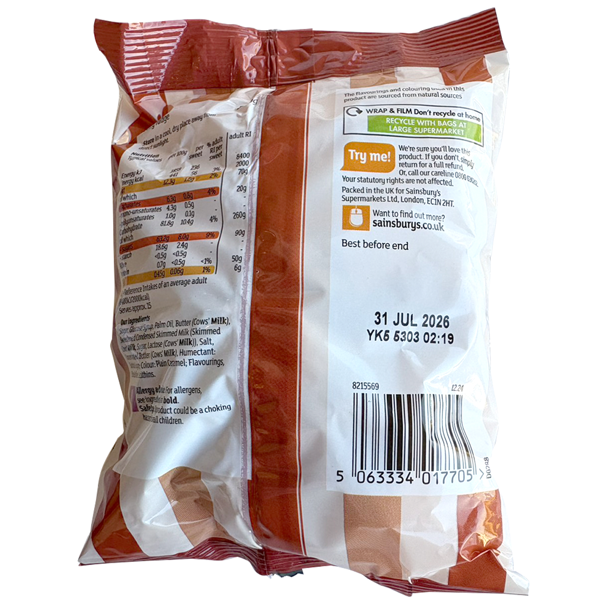 Sainsbury's Dairy Fudge confectionery snack showing creamy, golden fudge pieces with a smooth texture and rich dairy flavor.