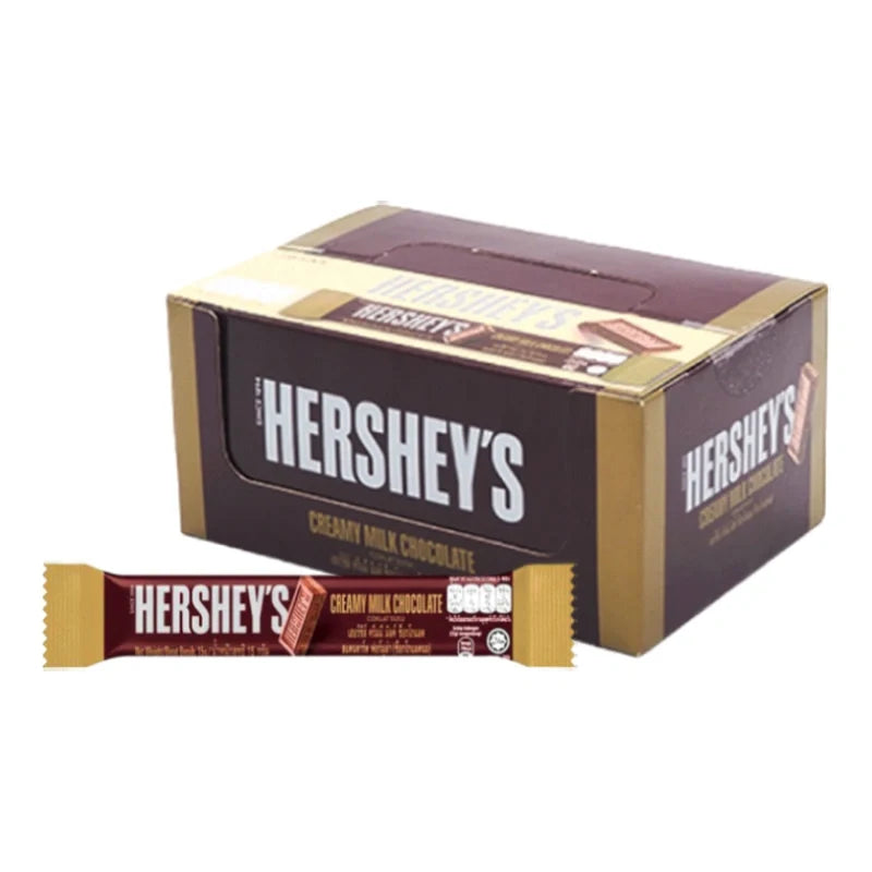HERSHEY'S creamy milk chocolate 15g bars, 24-pack, dry grocery product with individually wrapped chocolate pieces in a box