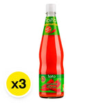 Three bottles of HI-Q Siracha chili sauce, 670g each, with bright red labels and chili peppers visible on the packaging.