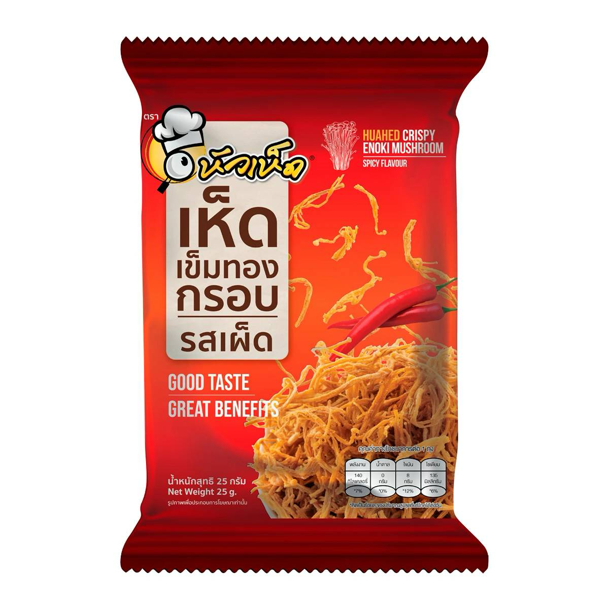 Spicy Huahed Crispy Enoki Mushroom Zabb snack in a colorful package, showcasing crunchy, seasoned enoki mushrooms.