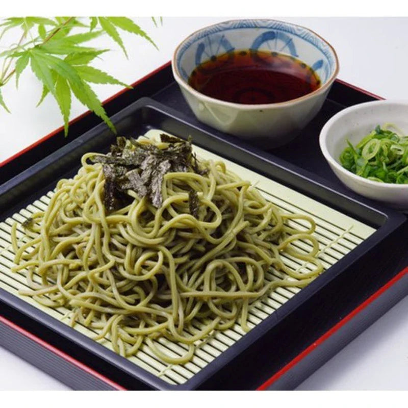Dried Nisshin Uji Cha Soba noodles in 200g package, traditional Japanese buckwheat soba for cooking or salads.