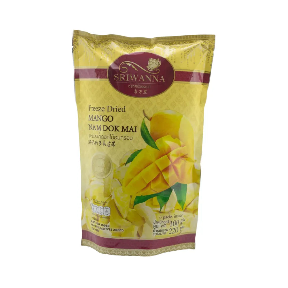 Sriwanna G Freeze Dried Mango Nam Dok Mai in a package, showcasing dried, sliced mango pieces from the dry grocery collection.