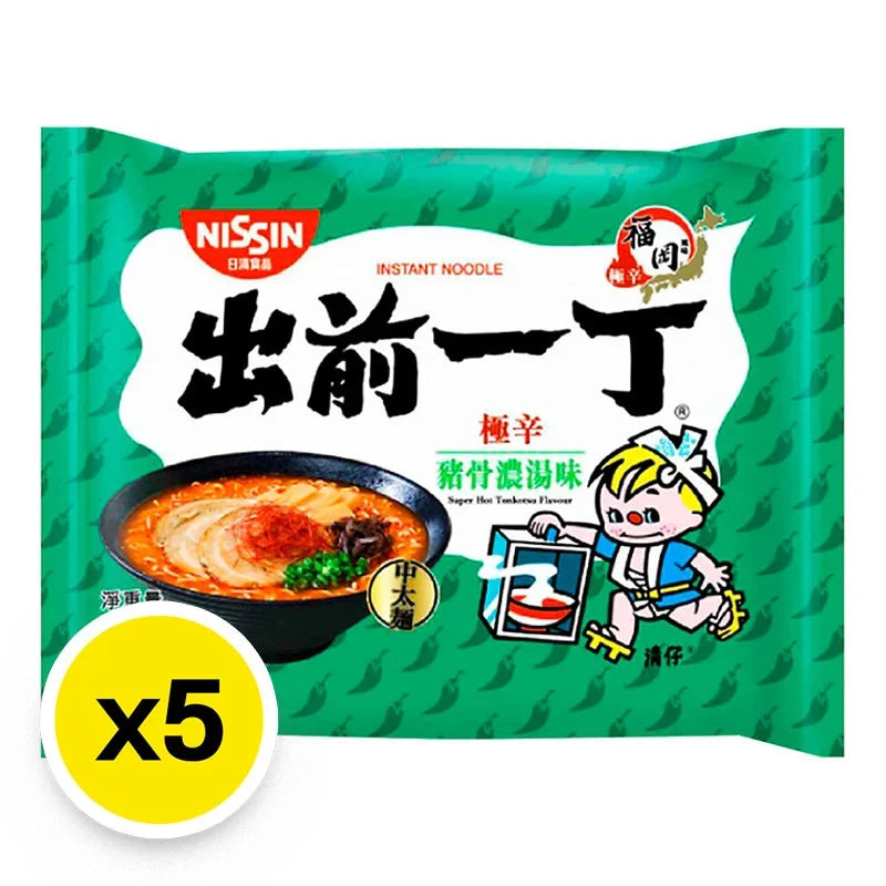 Dried Nissin Ramen Tonkotsu 100g package with noodles and flavoring packet on a white background