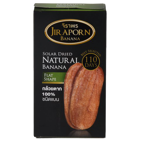 Jiraporn Premium Dried Banana slices in a bakery packaging, showcasing golden dried banana pieces on a white background.