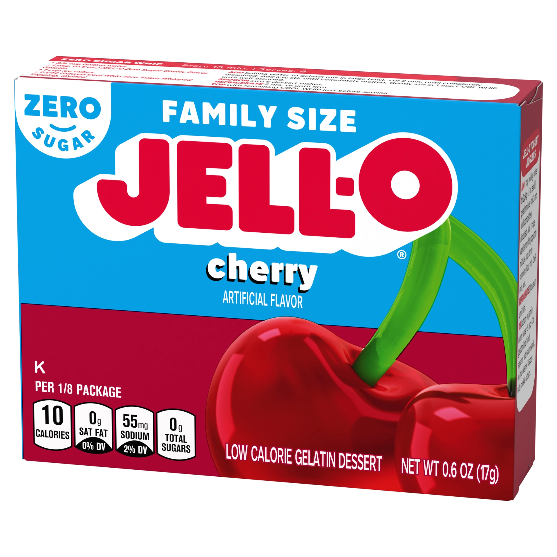 Jell-O Cherry Zero Sugar flavored dessert in a clear cup, showcasing bright red cherry gelatin with a smooth texture.