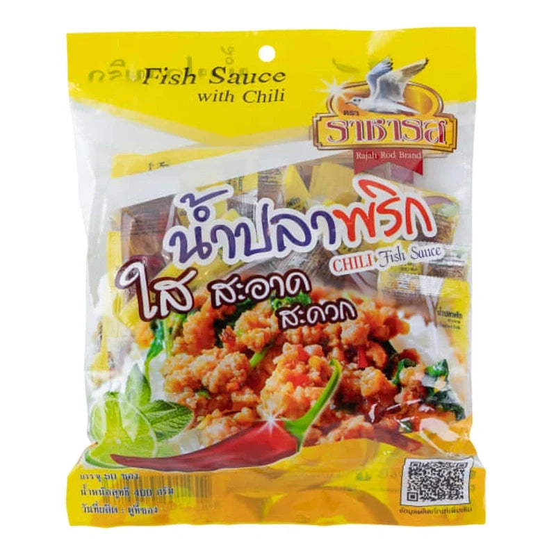 Rajahrod Fish Sauce 8g packets, dry grocery product, featuring 50 individually packaged fish sauce sachets for cooking and seasoning.