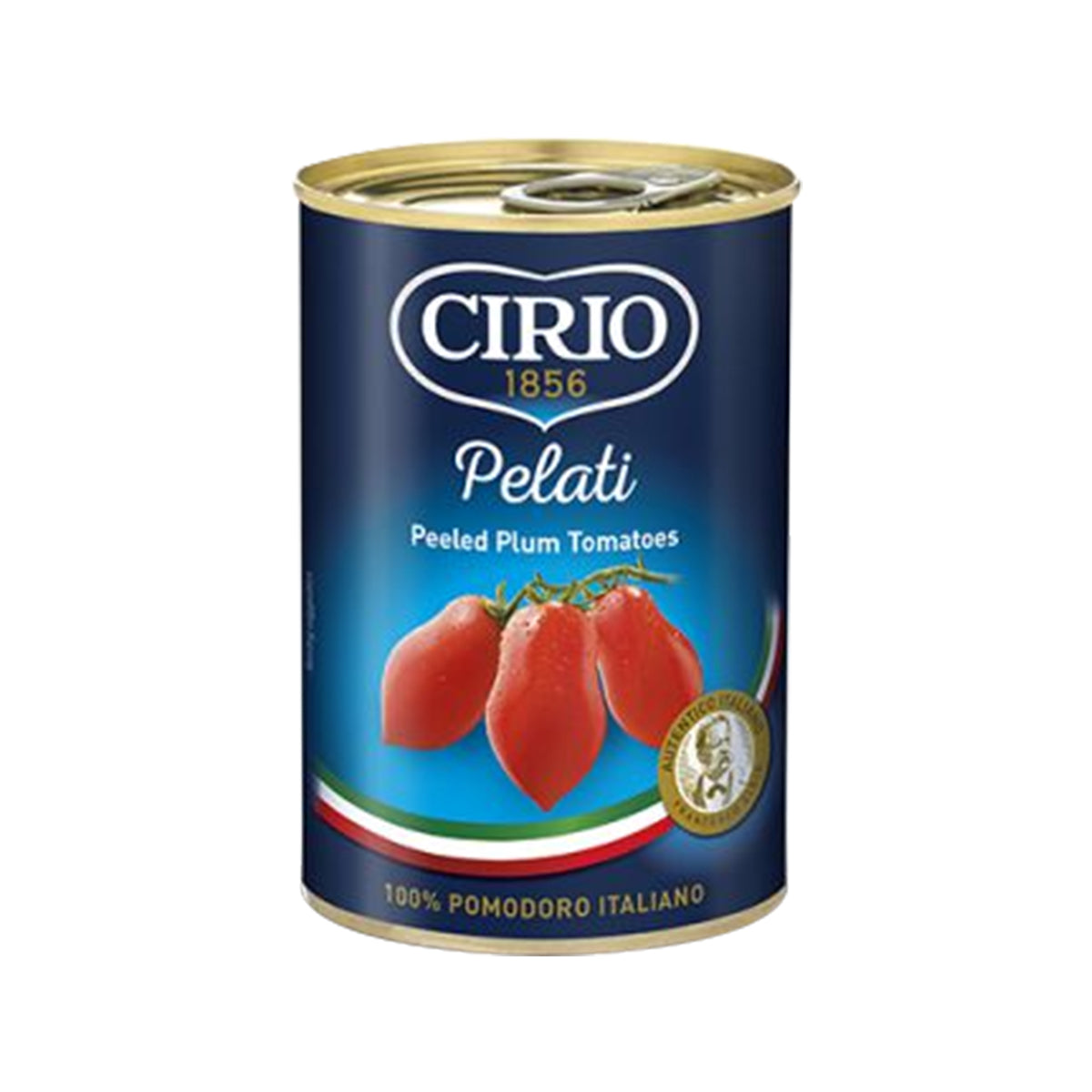 Cirio peeled tomatoes in a can, fresh and ripe, ready for cooking or recipes, shown in a close-up image.
