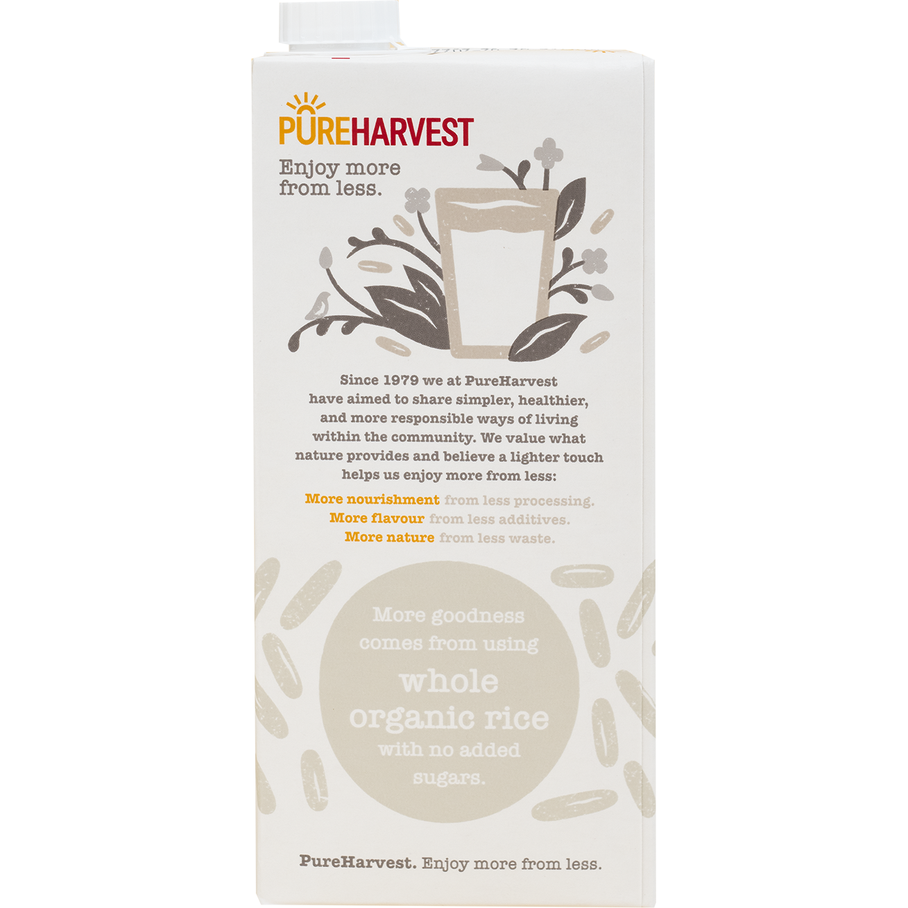 Pureharvest Original Rice Milk bottle, natural and healthy rice milk beverage in a clear container, suitable for dairy-free diets.