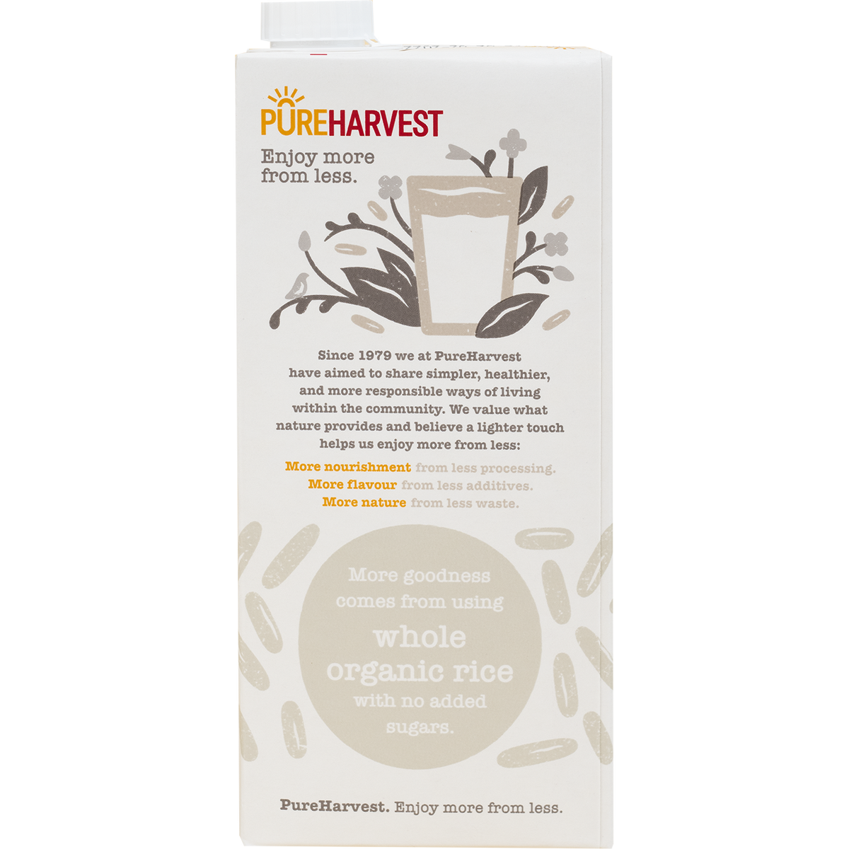 Pureharvest Original Rice Milk bottle, natural and healthy rice milk beverage in a clear container, suitable for dairy-free diets.