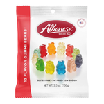 Assorted Albanese 12 flavor gummy bears in colorful plastic bag, showcasing bright gummy candies from the confectionery snacks line.