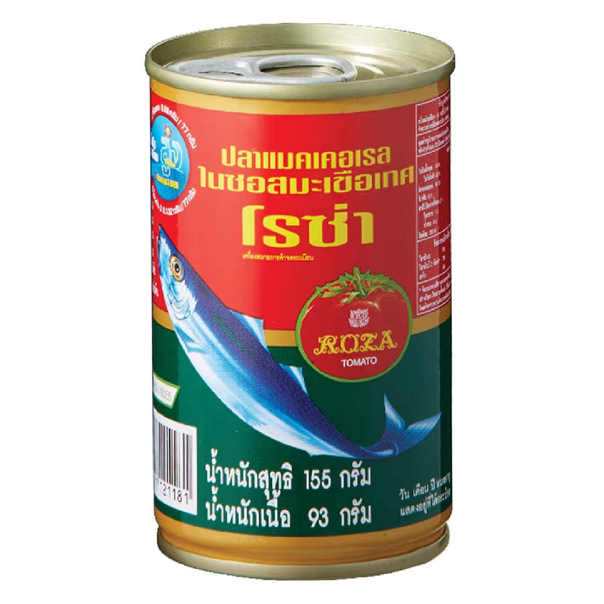 Canned Roza mackerel in tomato sauce shown in a can, highlighting the seafood and savory tomato sauce from the Roza brand.