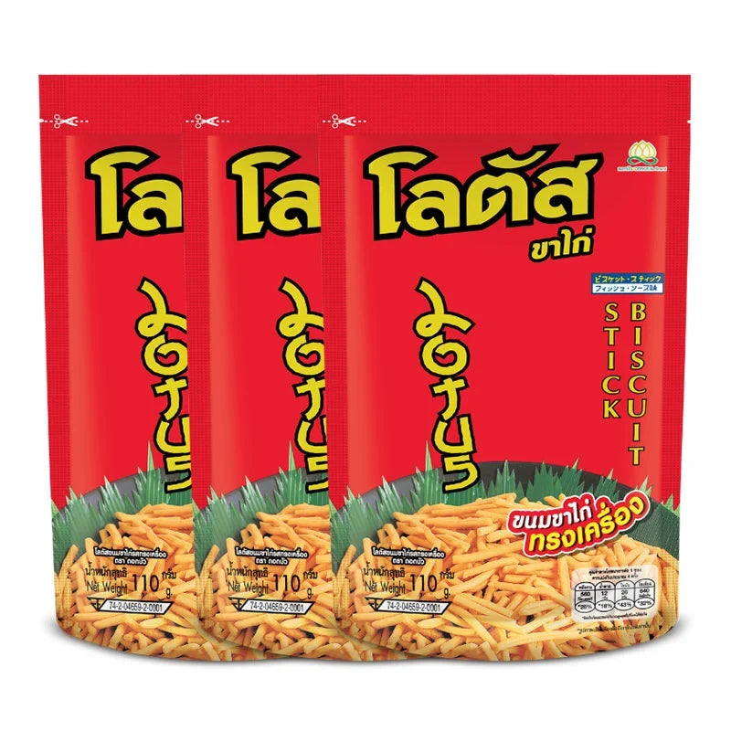 Lotus Biscuit Stick 110g pack, crispy snack sticks in a colorful box, ideal for sweet cravings and snack time.